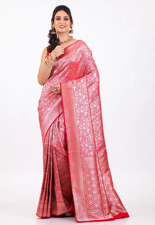 Red Shikargah Katan Silk Saree With Blouse Piece - Adi Akshoy & Co.