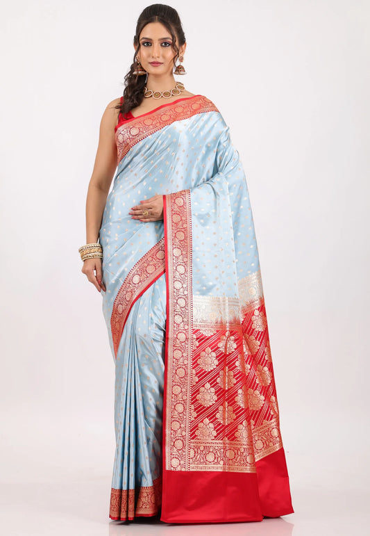 Sky Blue with Red Border Pastel Banarasi Saree With Blouse Piece - Adi Akshoy & Co.
