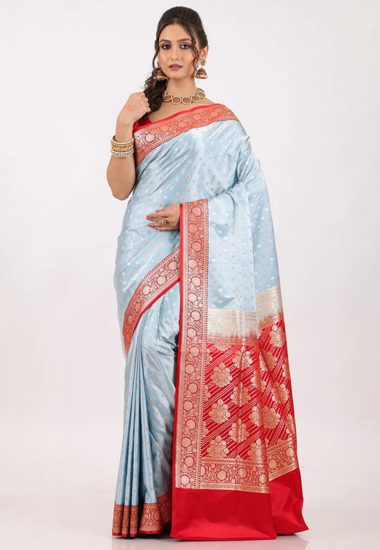 Sky Blue with Red Border Pastel Banarasi Saree With Blouse Piece - Adi Akshoy & Co.