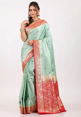 Pesta Greenwith Red Border Pastel Banarasi Saree With Blouse Piece - Adi Akshoy & Co.