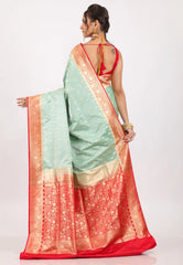 Pesta Greenwith Red Border Pastel Banarasi Saree With Blouse Piece - Adi Akshoy & Co.