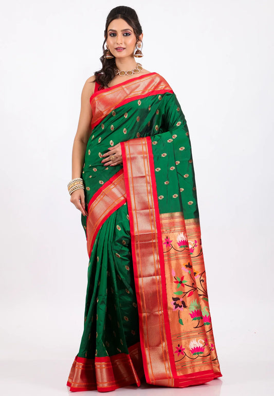 Bottle Green with Red Border Pure Paithani Silk Saree With Blouse Piece - Adi Akshoy & Co.