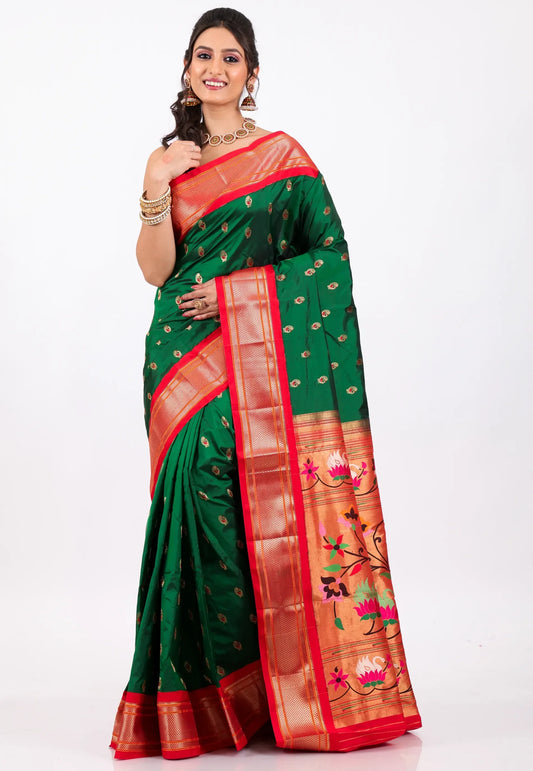 Bottle Green with Red Border Pure Paithani Silk Saree With Blouse Piece - Adi Akshoy & Co.