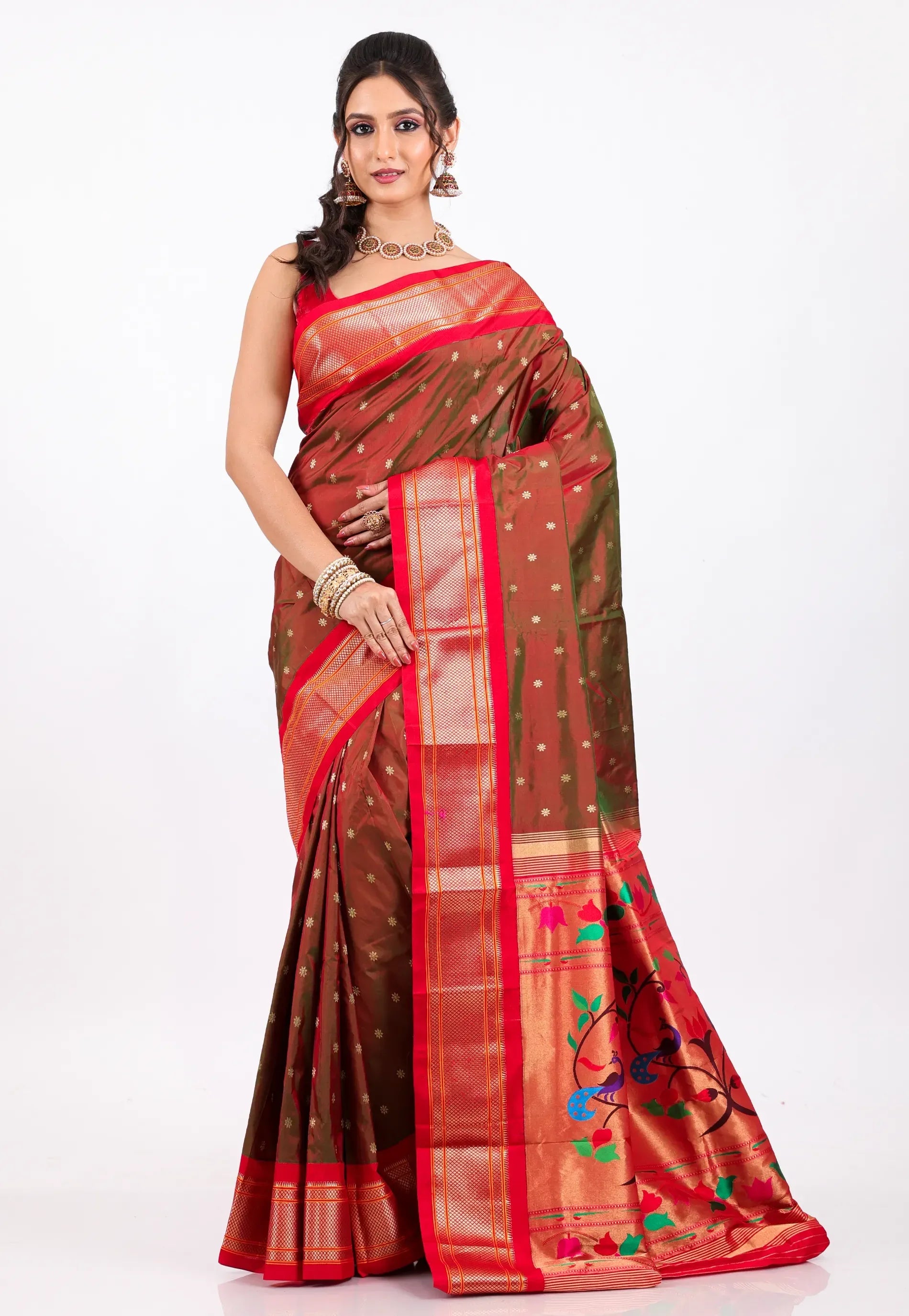 Cross Maroon with Red Border Pure Paithani Silk Saree With Blouse Piece - Adi Akshoy & Co.