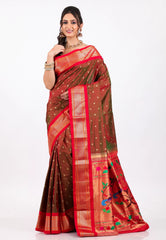 Cross Maroon with Red Border Pure Paithani Silk Saree With Blouse Piece - Adi Akshoy & Co.