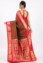 Cross Maroon with Red Border Pure Paithani Silk Saree With Blouse Piece - Adi Akshoy & Co.