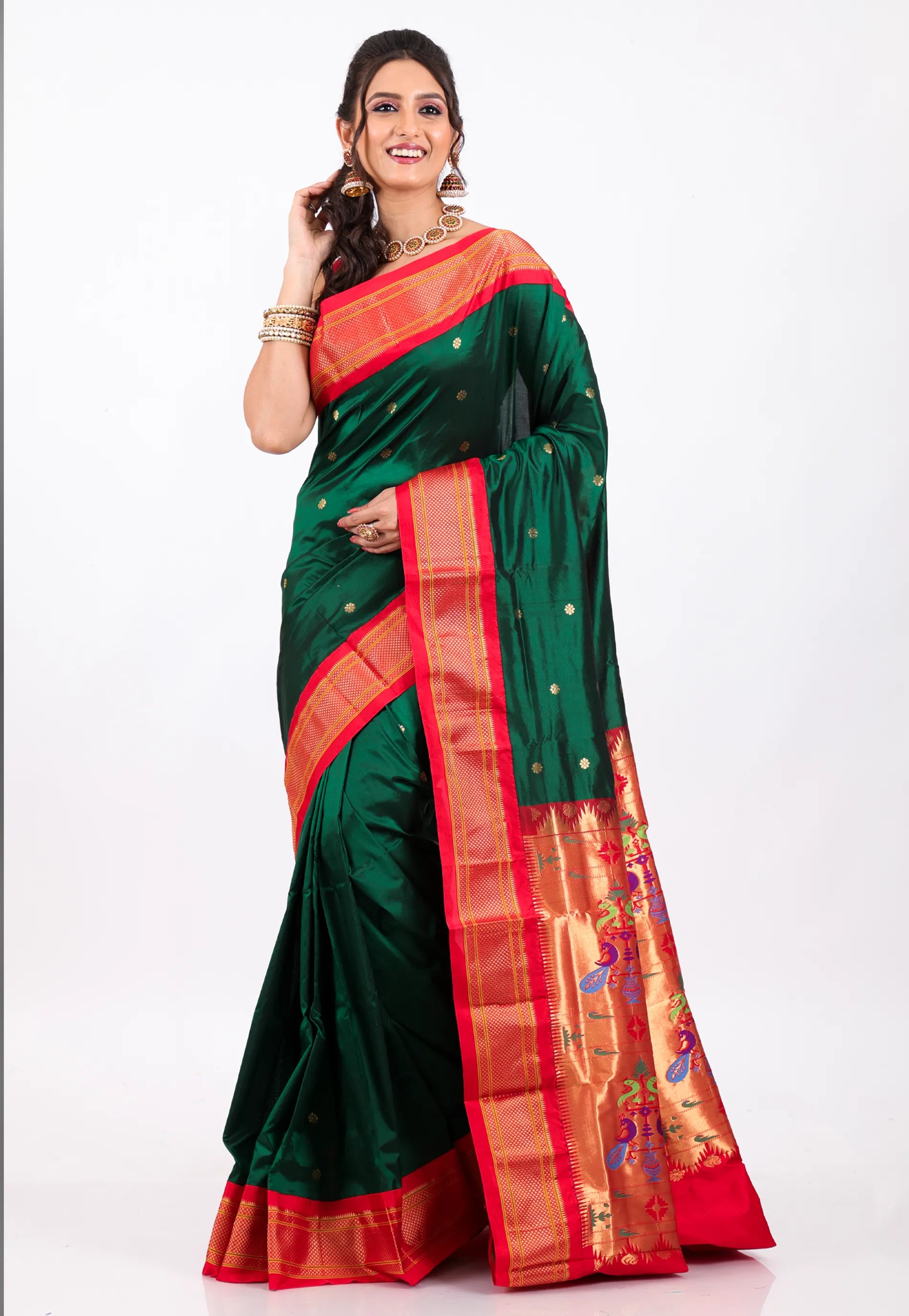 Bottle Green with Red Border Pure Paithani Silk Saree With Blouse Piece - Adi Akshoy & Co.