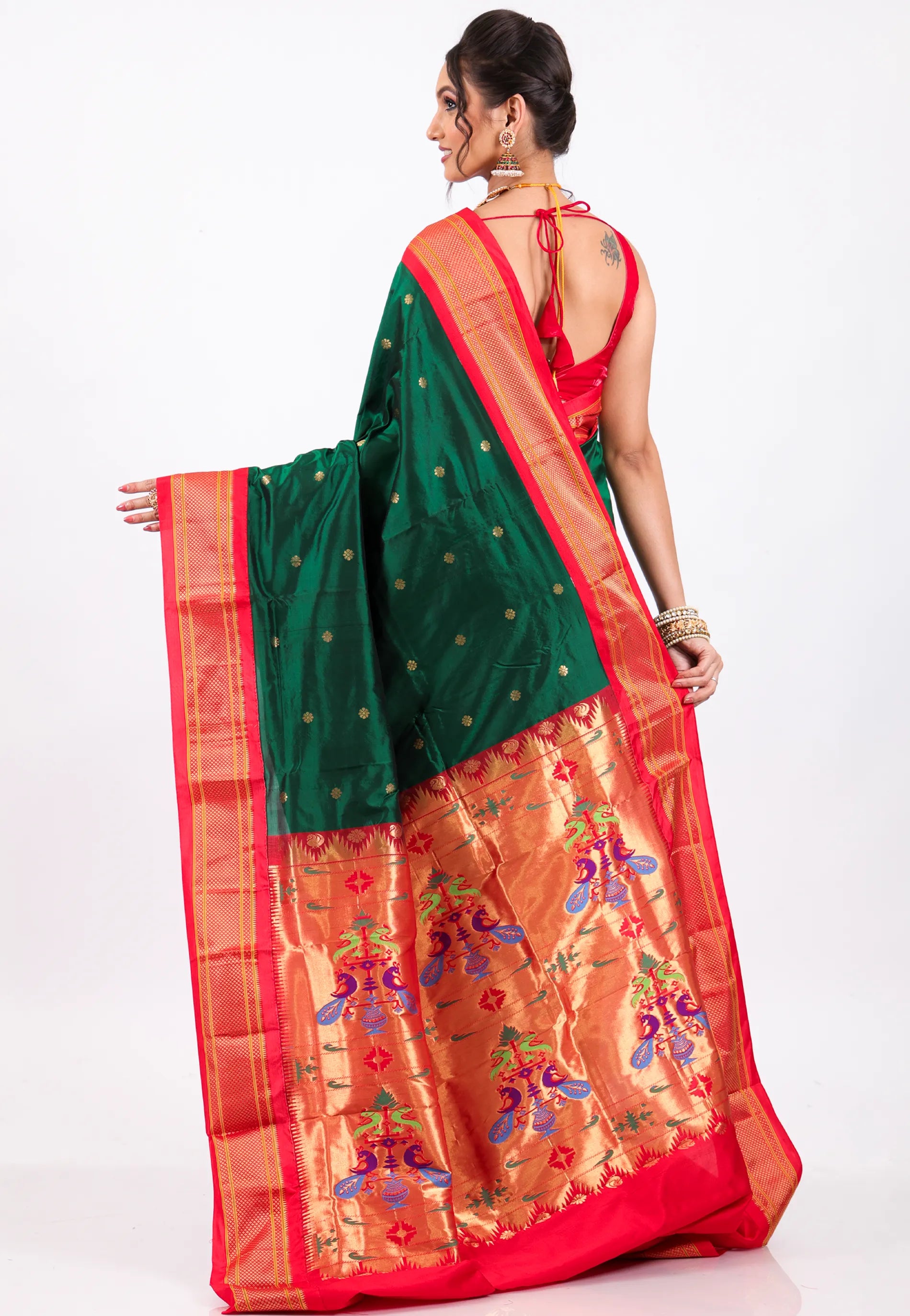 Bottle Green with Red Border Pure Paithani Silk Saree With Blouse Piece - Adi Akshoy & Co.