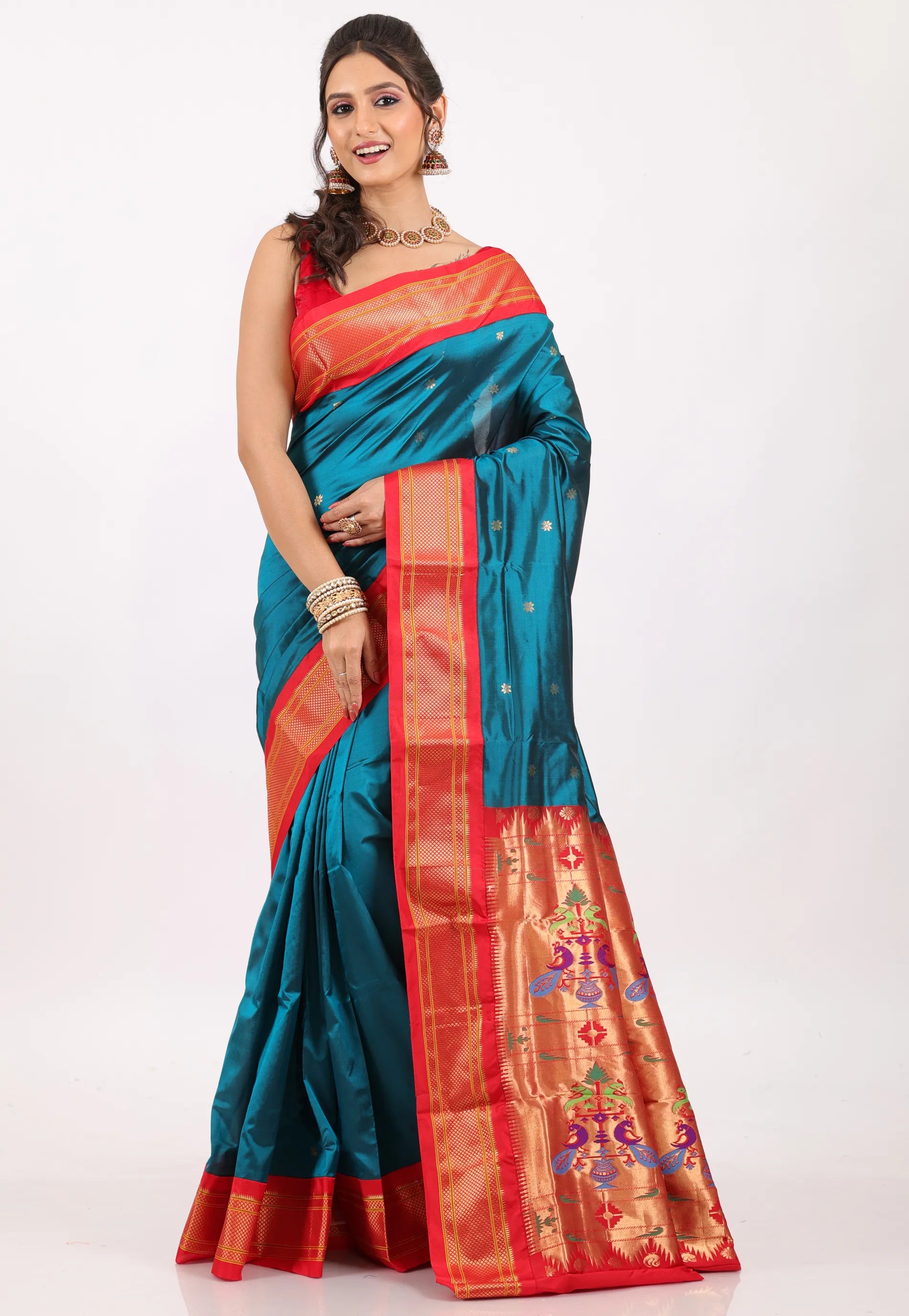 Peacock Blue with Red Border Pure Paithani Silk Saree With Blouse Piece - Adi Akshoy & Co.