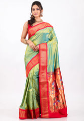 Cross Pesta Green with Red Border Pure Paithani Silk Saree With Blouse Piece - Adi Akshoy & Co.