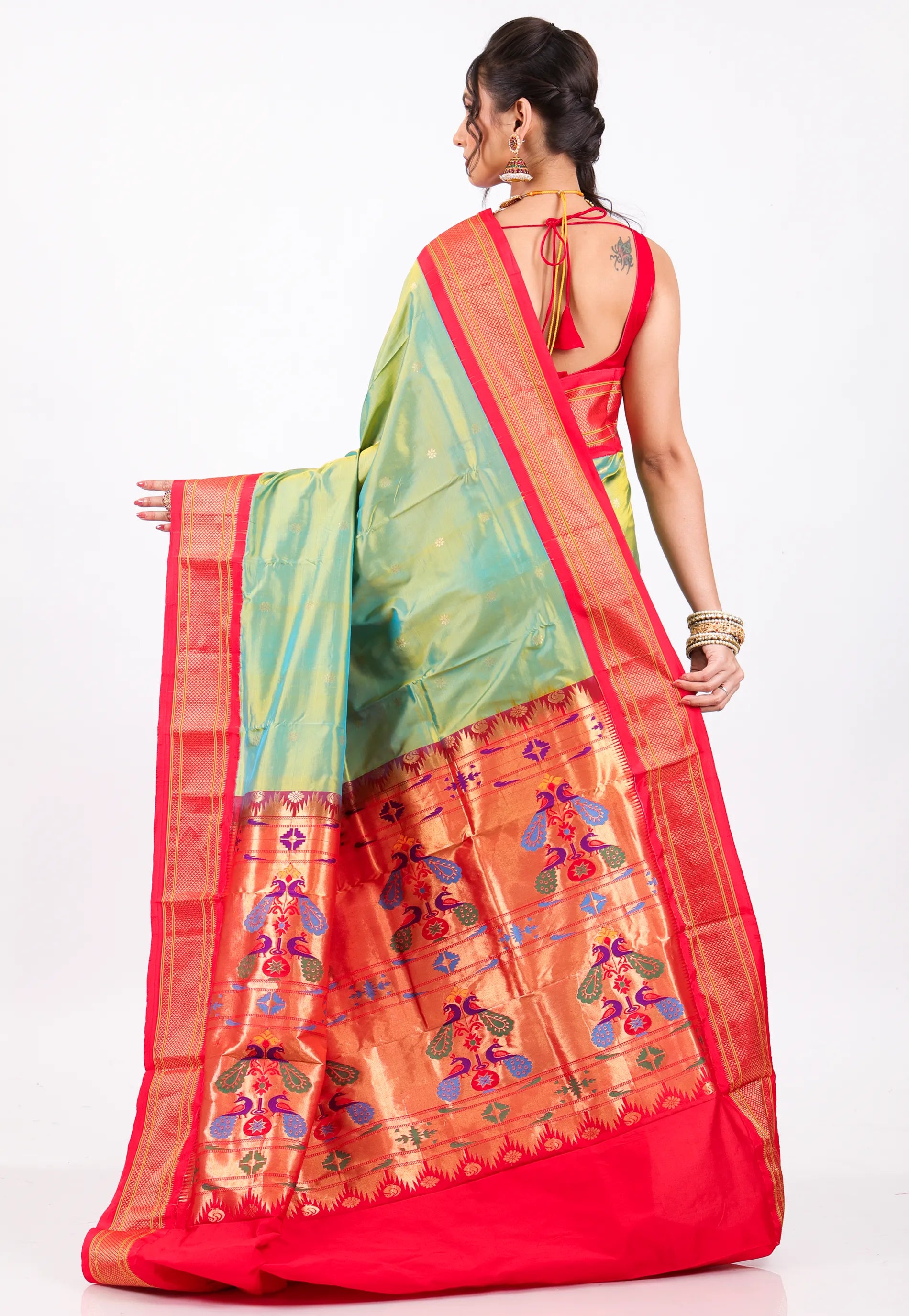 Cross Pesta Green with Red Border Pure Paithani Silk Saree With Blouse Piece - Adi Akshoy & Co.