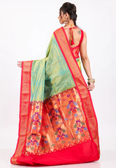 Cross Pesta Green with Red Border Pure Paithani Silk Saree With Blouse Piece - Adi Akshoy & Co.
