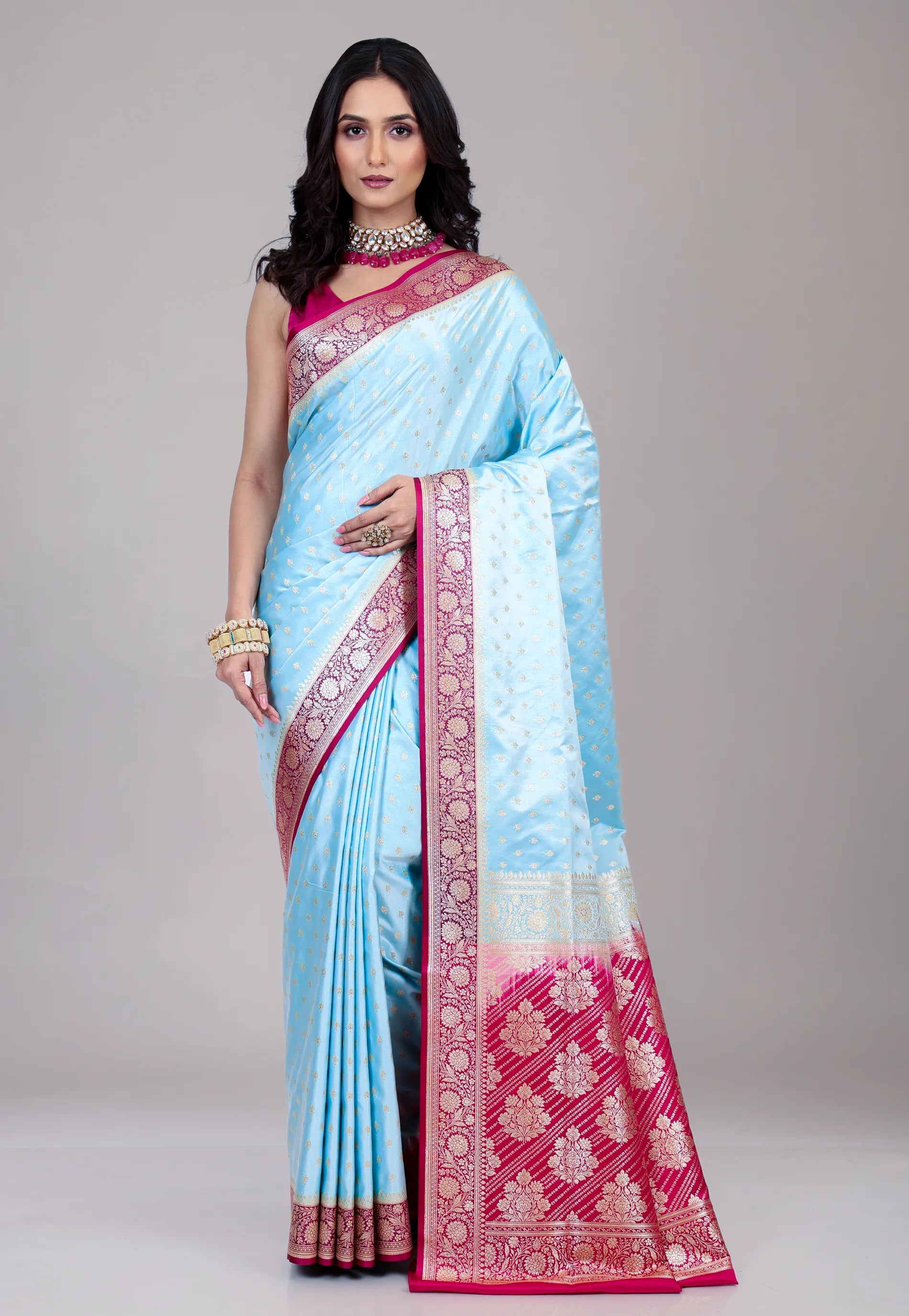 Sky Blue Pastel Banarasi Saree With Blouse Piece - Adi Akshoy & Co.
