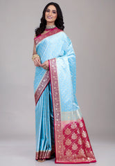 Sky Blue Pastel Banarasi Saree With Blouse Piece - Adi Akshoy & Co.