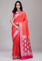 Orange-Red Pastel Banarasi Saree With Blouse Piece - Adi Akshoy & Co.