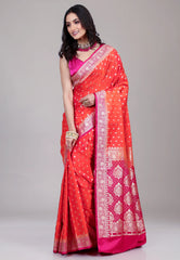 Orange-Red Pastel Banarasi Saree With Blouse Piece - Adi Akshoy & Co.