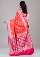 Orange-Red Pastel Banarasi Saree With Blouse Piece - Adi Akshoy & Co.