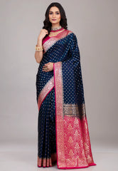 Deep Navy Blue Pastel Banarasi Saree With Blouse Piece - Adi Akshoy & Co.