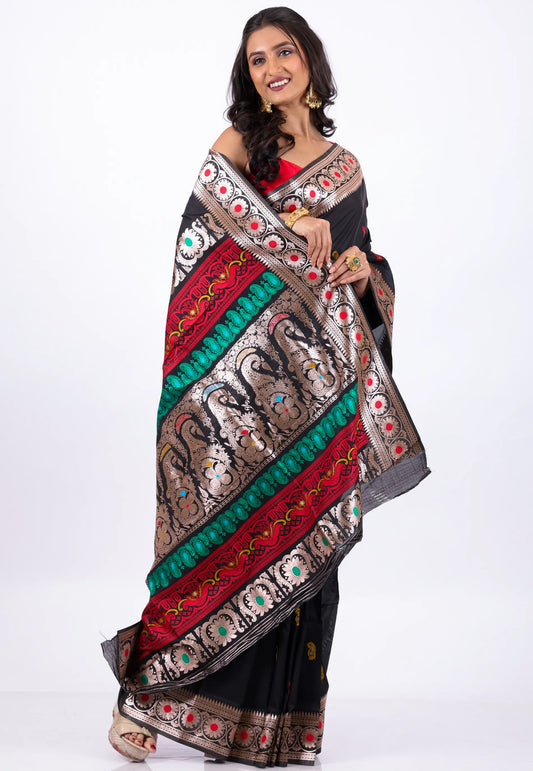Black Baluchari Silk Saree with Blouse Piece - Adi Akshoy & Co.