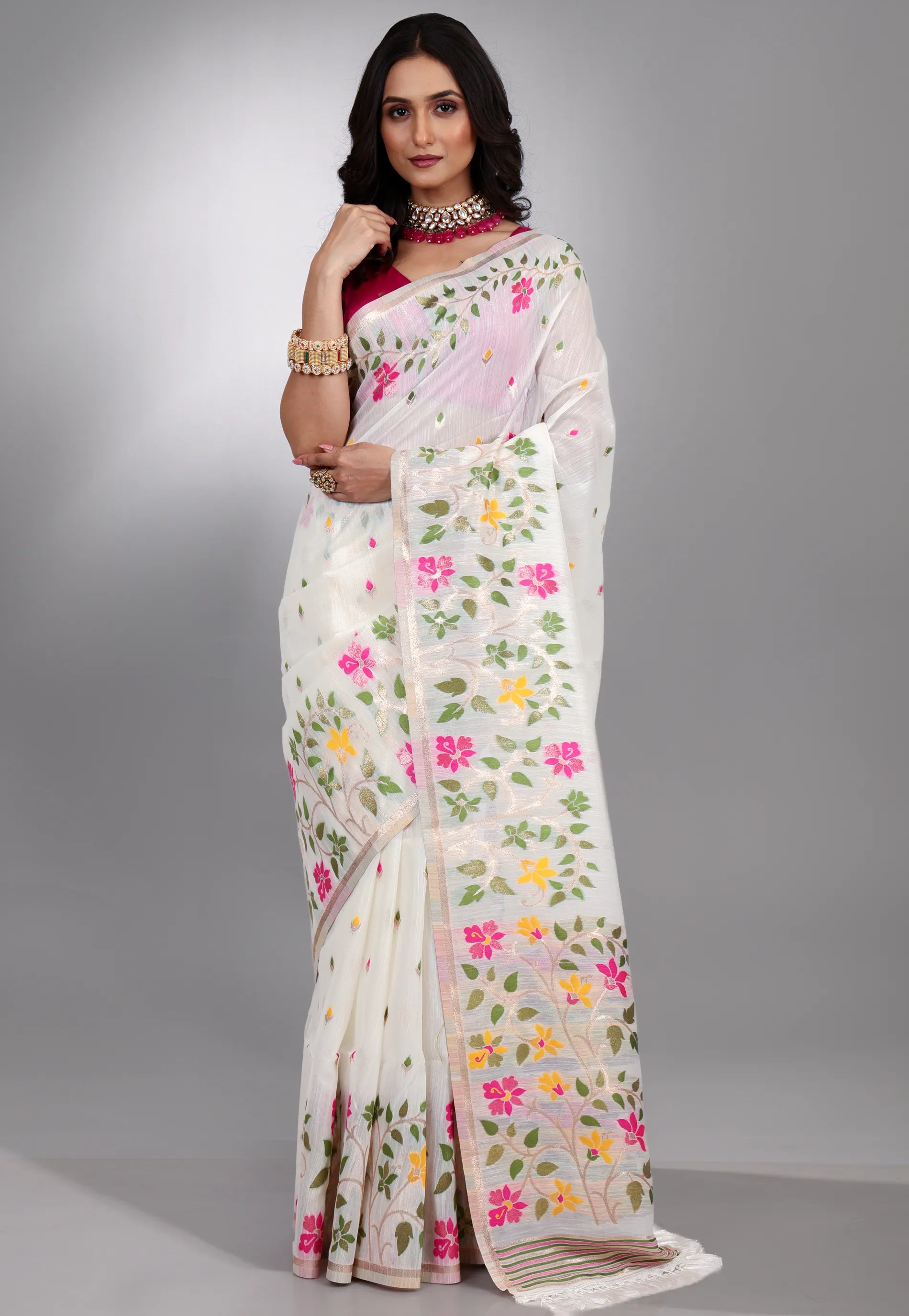 Off White Tussar Silk Saree with Blouse Piece - Adi Akshoy & Co.