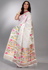 Off White Tussar Silk Saree with Blouse Piece - Adi Akshoy & Co.