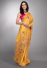 Mustard Yellow Kantha Silk Saree With Blouse Piece - Adi Akshoy & co.