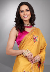 Mustard Yellow Kantha Silk Saree With Blouse Piece - Adi Akshoy & co.