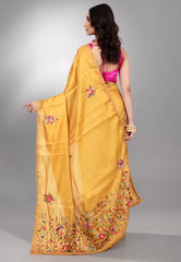 Mustard Yellow Kantha Silk Saree With Blouse Piece - Adi Akshoy & co.