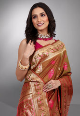 Cross Brown Baluchari Silk Saree with Blouse Piece - Adi Akshoy & Co.