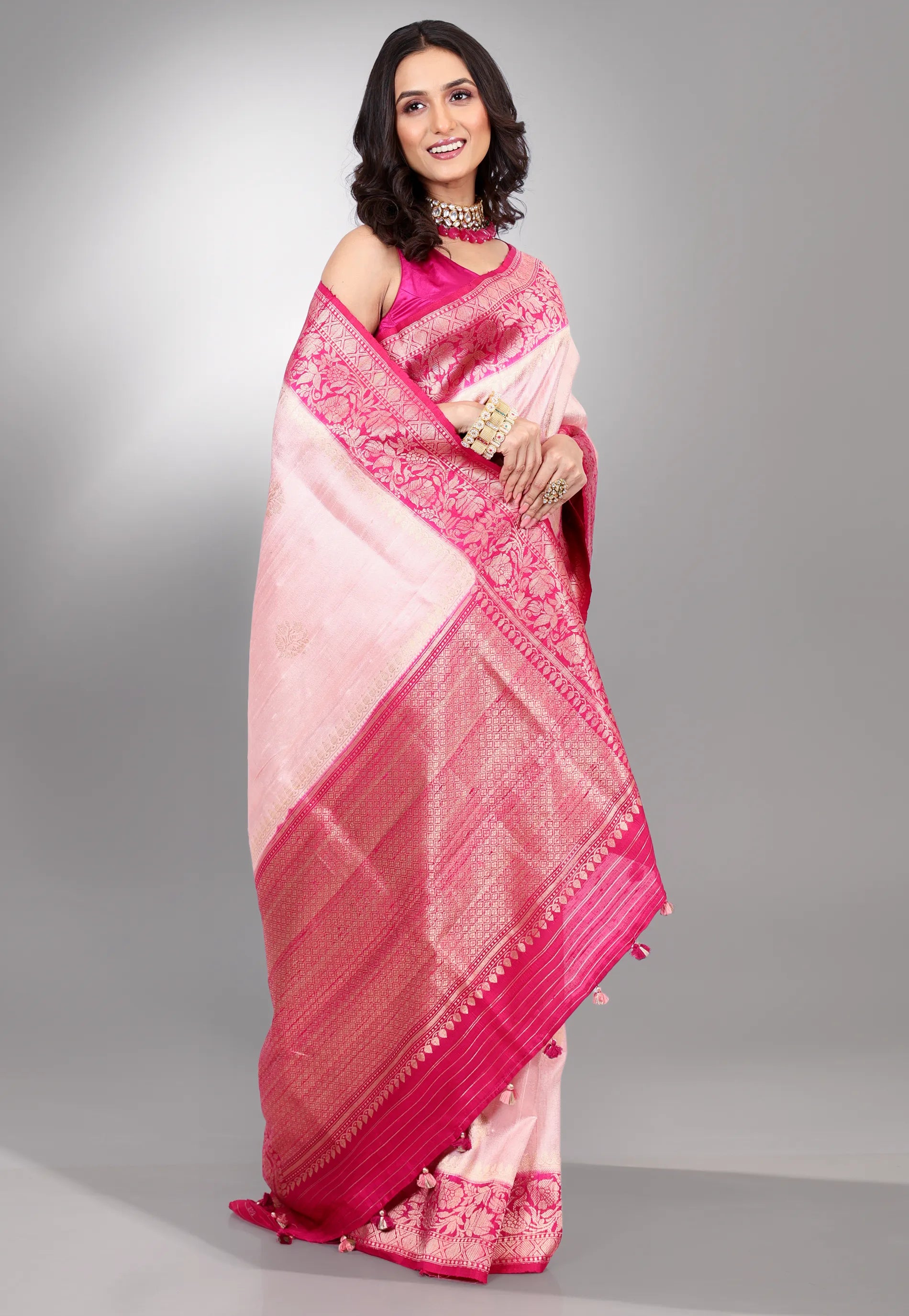 Pink with Rani Border Pure Tussar Silk Saree with Blouse Piece - Adi Akshoy & Co.