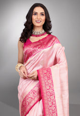 Pink with Rani Border Pure Tussar Silk Saree with Blouse Piece - Adi Akshoy & Co.