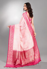 Pink with Rani Border Pure Tussar Silk Saree with Blouse Piece - Adi Akshoy & Co.