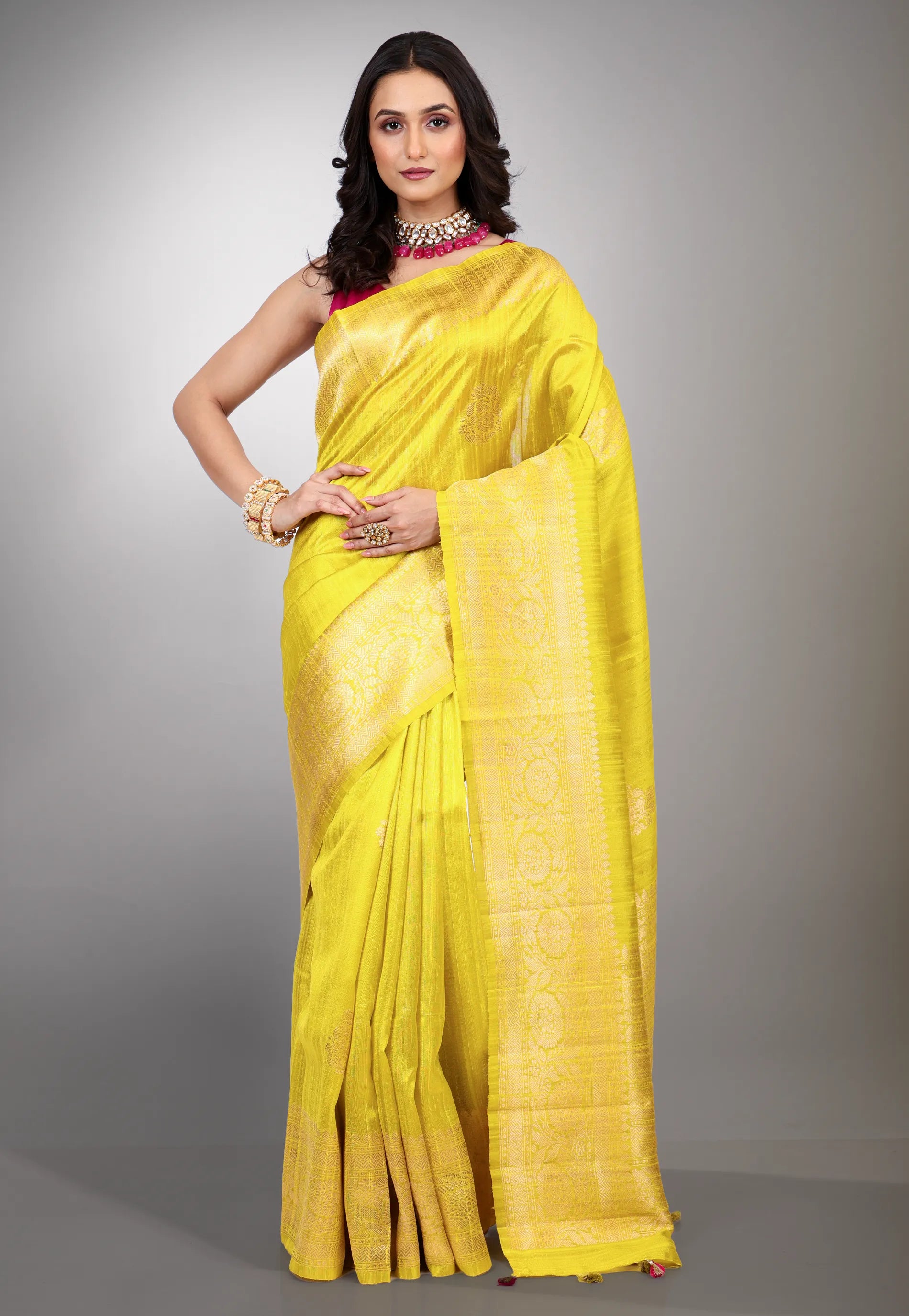 Yellow Pure Tussar Silk Saree with Blouse Piece - Adi Akshoy & Co.