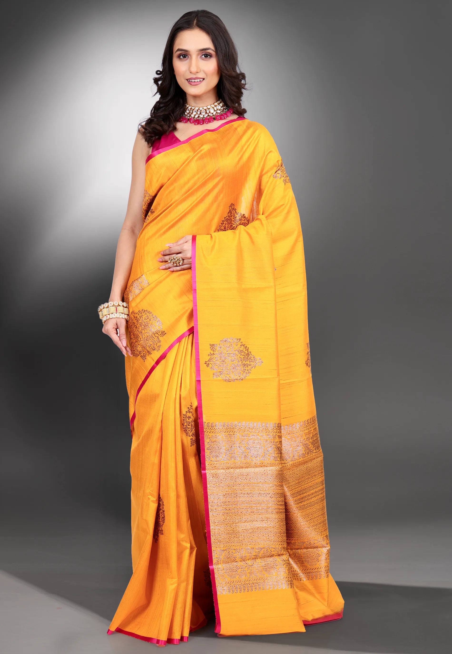 Mustard Yellow Pure Tussar Silk Saree with Blouse Piece - Adi Akshoy & Co.