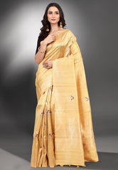 Cross Light Yellow Pure Tussar Silk Saree with Blouse Piece - Adi Akshoy & Co.