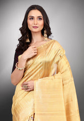 Cross Light Yellow Pure Tussar Silk Saree with Blouse Piece - Adi Akshoy & Co.