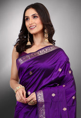 Royal Purple Pure Katan Silk Saree with Blouse Piece - Adi Akshoy & Co.