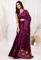 Magenta Kantha Silk Saree With Blouse Piece - Adi Akshoy & co.