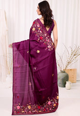 Magenta Kantha Silk Saree With Blouse Piece - Adi Akshoy & co.