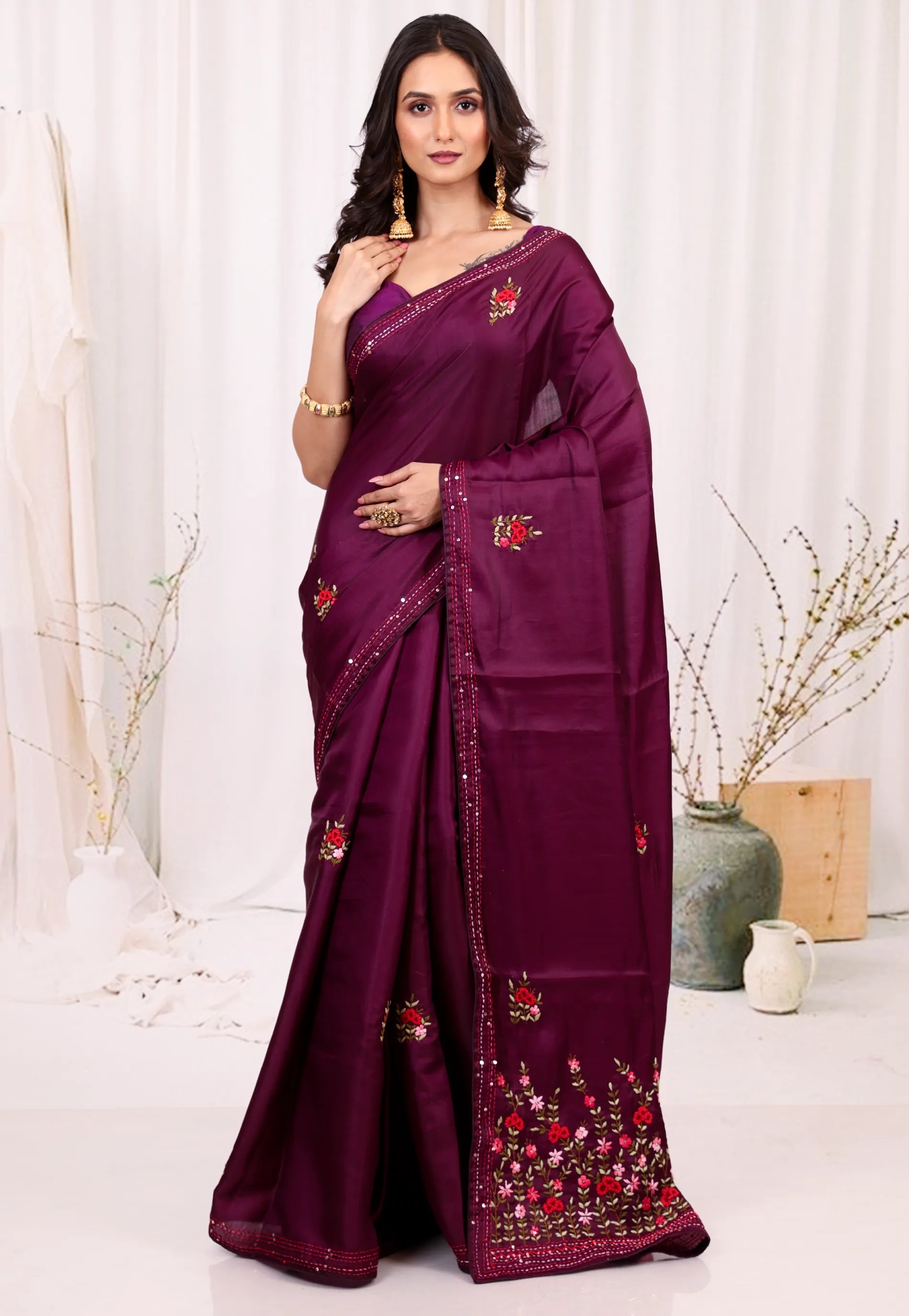 Magenta Kantha Silk Saree With Blouse Piece - Adi Akshoy & co.