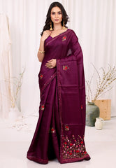 Magenta Kantha Silk Saree With Blouse Piece - Adi Akshoy & co.