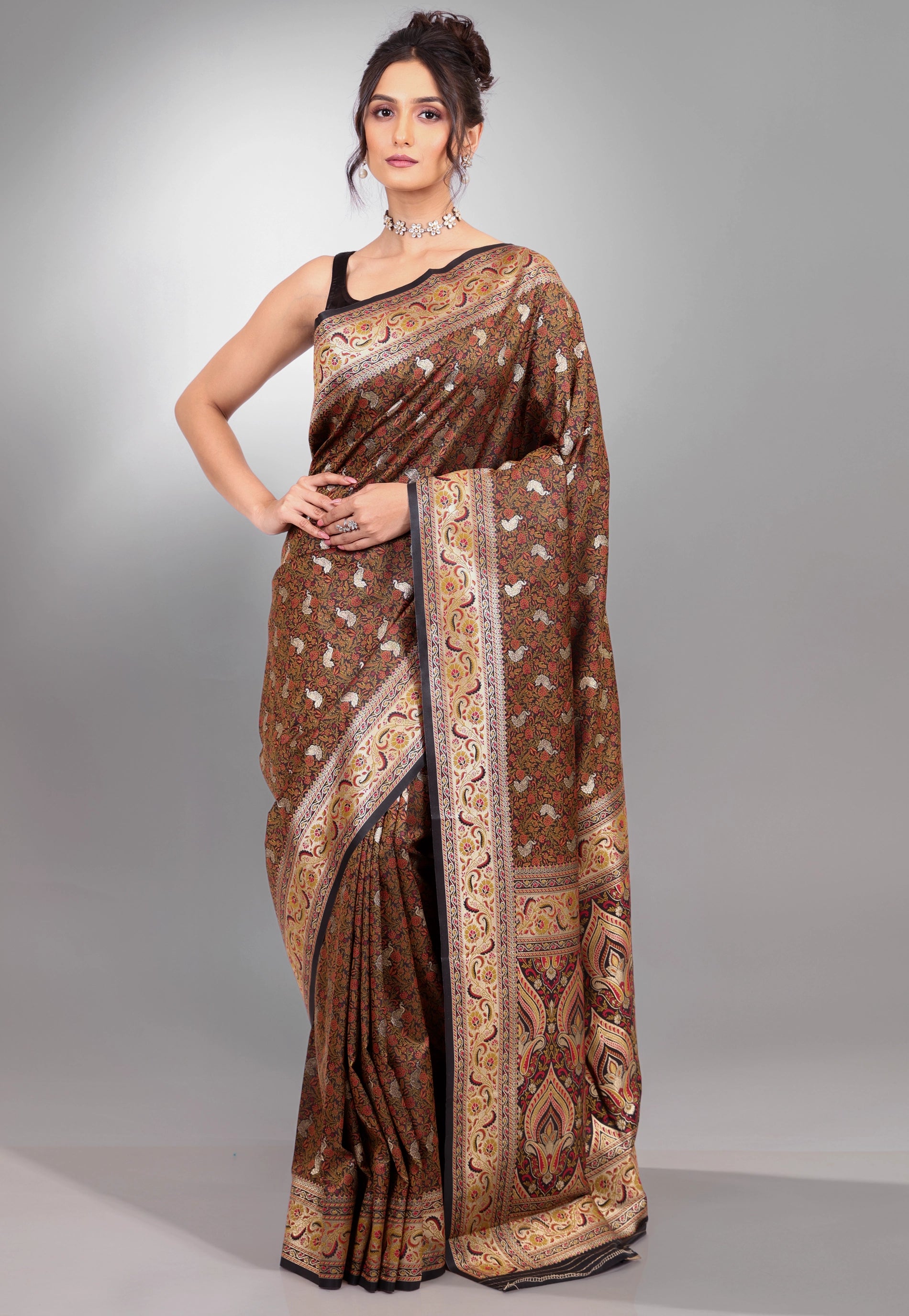 Black Kalamkari Kanjivaram Silk Saree with Blouse Piece - Adi Akshoy & Co.