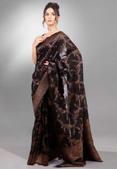 Black Tussar Silk Saree with Blouse Piece - Adi Akshoy & Co.