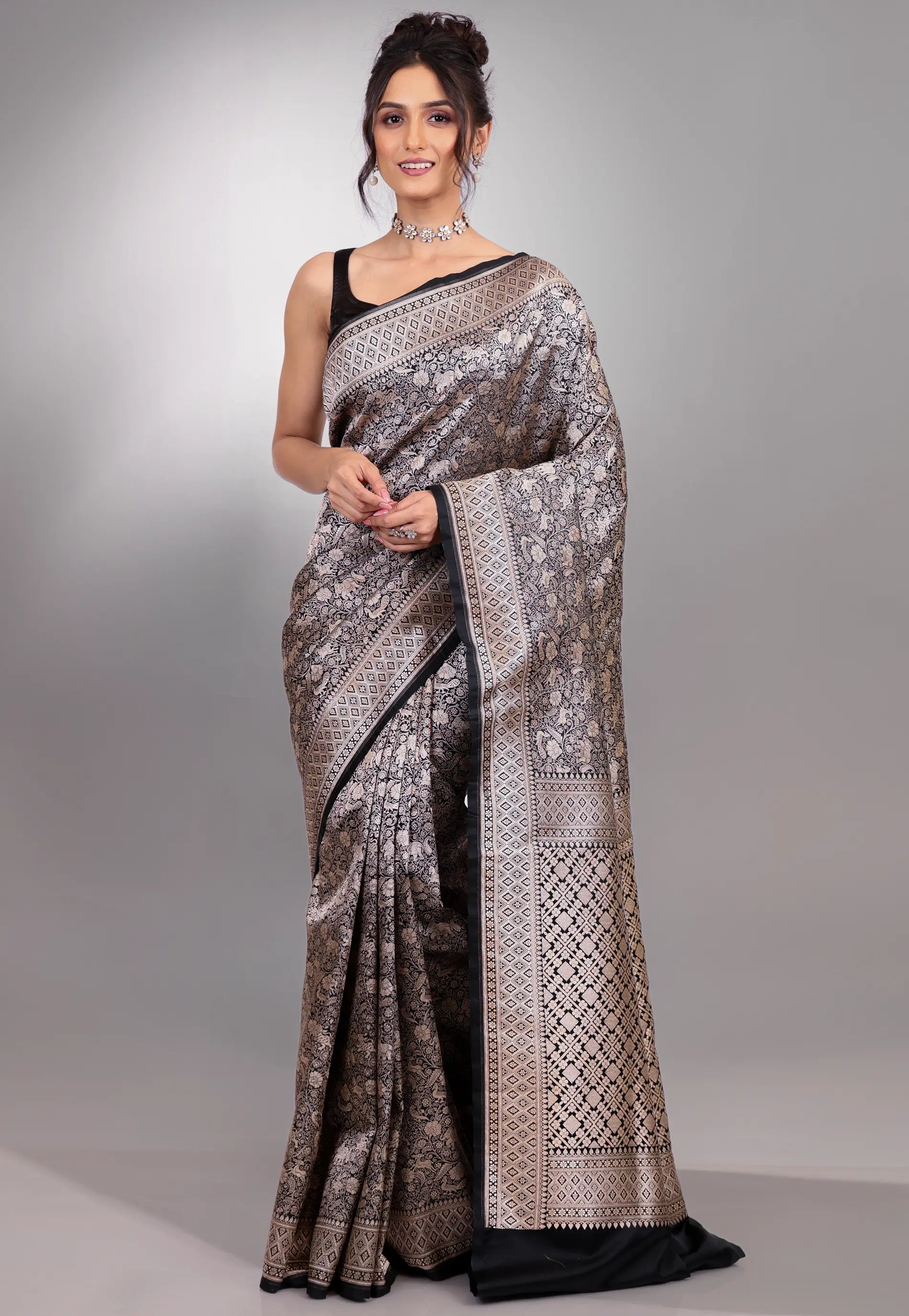 Black Shikargah Katan Silk Saree With Blouse Piece - Adi Akshoy & Co.