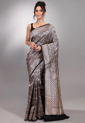 Black Shikargah Katan Silk Saree With Blouse Piece - Adi Akshoy & Co.