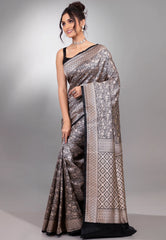 Black Shikargah Katan Silk Saree With Blouse Piece - Adi Akshoy & Co.