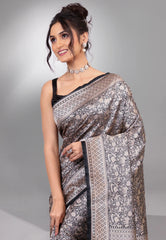 Black Shikargah Katan Silk Saree With Blouse Piece - Adi Akshoy & Co.