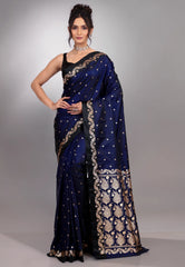 Navy Blue Mashru Silk Saree with Blouse Piece - Adi Akshoy & Co.