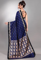 Navy Blue Mashru Silk Saree with Blouse Piece - Adi Akshoy & Co.