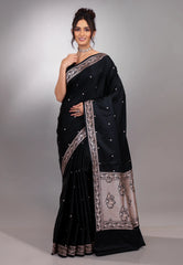 Black Mashru Silk Saree with Blouse Piece - Adi Akshoy & Co.